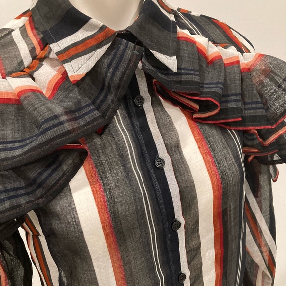 NEW GRACIA Black White Red Stripped Button Down Ruffle Blouse M - Picture 8 of 13
